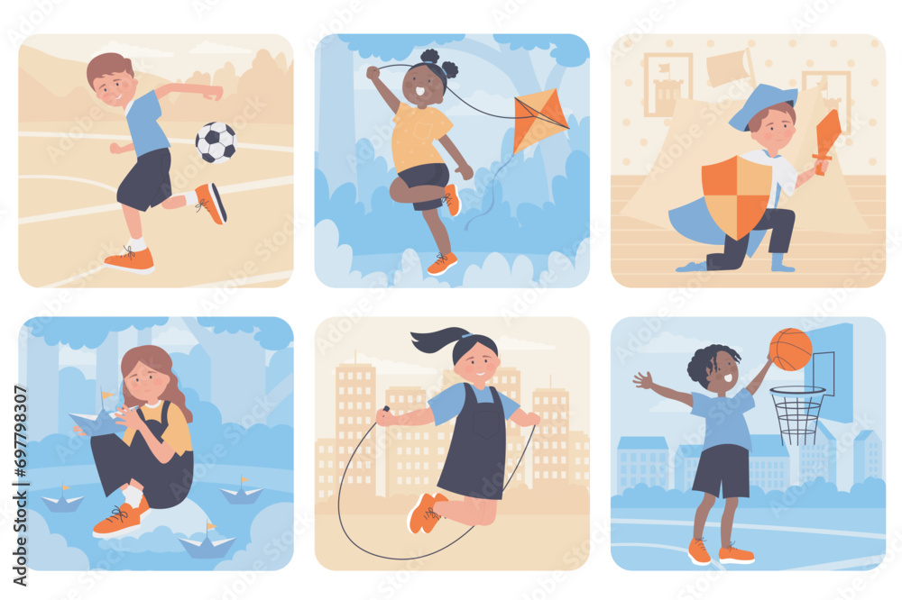 Kids play games concept with people situation set in flat web design. Bundle scenes with multiethnic characters play football or basketball, fly kite, launch paper boats, other. Vector illustrations.