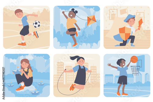 Fototapeta Naklejka Na Ścianę i Meble -  Kids play games concept with people situation set in flat web design. Bundle scenes with multiethnic characters play football or basketball, fly kite, launch paper boats, other. Vector illustrations.