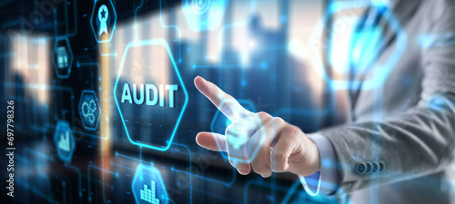 Businessman clicks Audit Auditor Financial service compliance concept photo