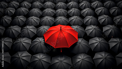 Red umbrella stand out from the crowd of many black umbrellas.