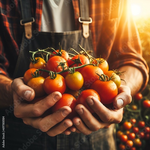 Agriculture tomato vegetables harvest background - Close up of hands of farmer carrying ripe tomatoes
