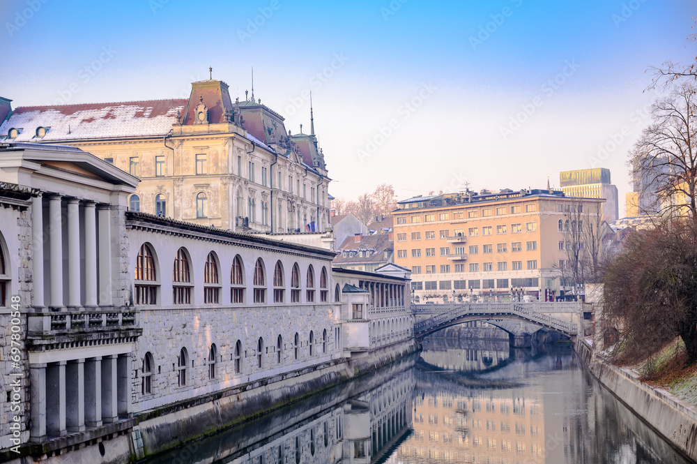 Ljubljanica river across Ljubljana with bridges and historic architecture