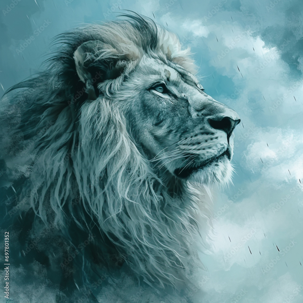 a painting of a lion in the clouds