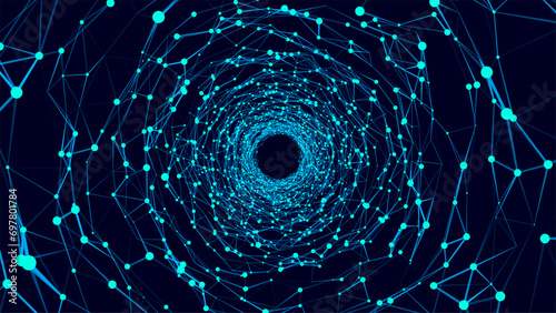 Abstract 3d portal. Circle tunnel or wormhole. Digital background with connected blue dots and lines. Vector illustration.