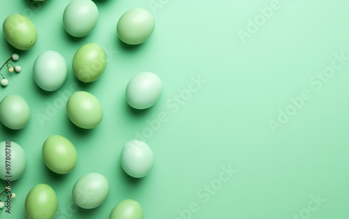 Pastel green background with dyed eggs. Easter backdrop with green eggs and copy space.