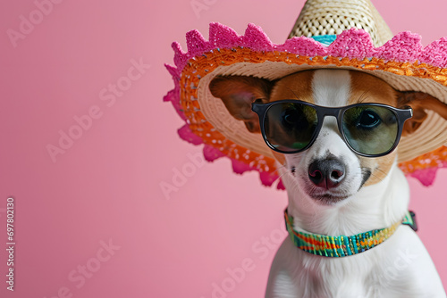 Funny cute dog in sunglasses and sombrero hat on pastel background.