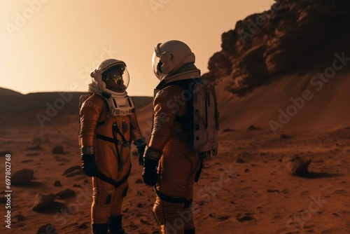 Two astronauts standing on mars and looking at each other. Generative AI