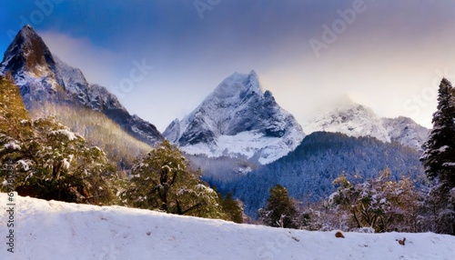 Snow-Covered Majesty. A Cut-Out Winter Scene Featuring Majestic Mountain Tops Blanketed in a Pristine Layer of Snow.
