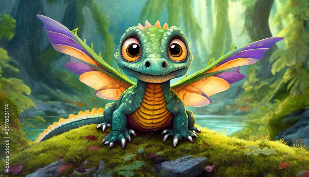 Enchanting Ancestor. An Adorable Prehistoric Reptilian Creature, with Big Eyes and Wings, Perched Gracefully on a Mossy Rock, Transporting Us to a Mesmerizing Epoch.