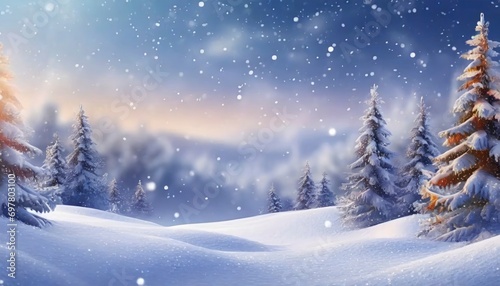 Winter Magic Beautiful Landscape featuring Snow-Covered Fir Trees and Snowdrifts, Creating a Merry Christmas and Happy New Year Greeting Background with Ample Copy-Space. © RABEYAAKTER