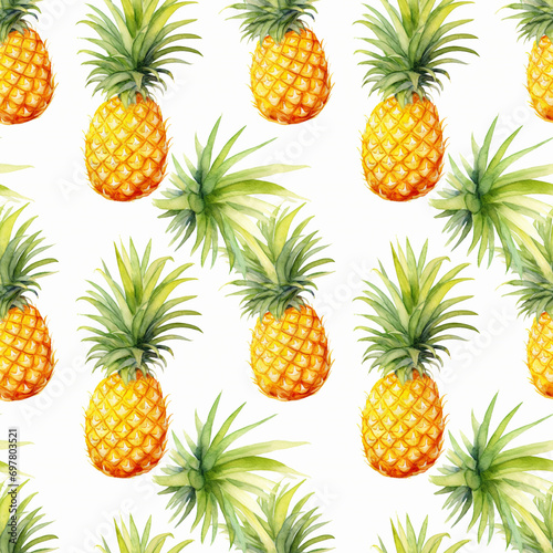 Watercolor Whole Pineapple Seamless Pattern, Aquarelle Ananas, Comosus Tile, Creative Watercolor