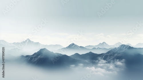  a view of a mountain range in the distance with clouds in the foreground and a blue sky in the background. © Anna