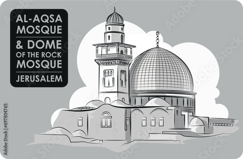 Al Aqsa Mosque and Dome of the rock Outline drawing with vector.