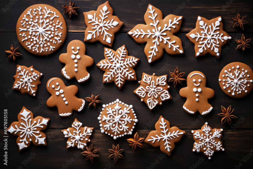 Christmas gingerbread cookies on dark wooden background. Top view with copy space Christmas gingerbread cookies on dark wooden background. Top view with copy space