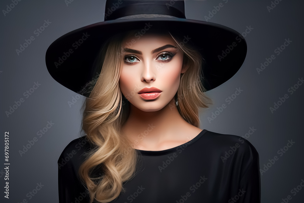 Portrait of a beautiful blonde woman in black hat. Beauty, fashion. Portrait of a beautiful blonde woman in black hat. Beauty, fashion.