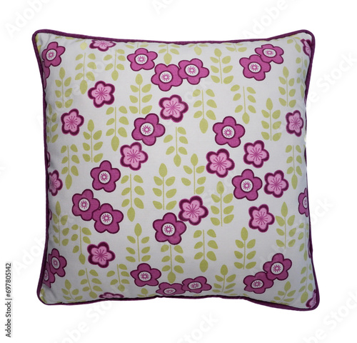 Sofa ornament floral pattern purple cushion top close up, purple coloured bed cushion, decoration idea image, white background, isolated.
