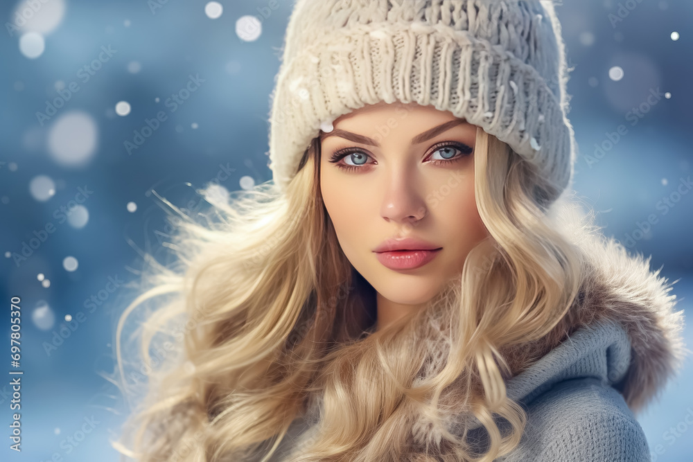 Winter portrait of beautiful young woman with red hair and blue eyes. Winter portrait of beautiful young woman with red hair and blue eyes.