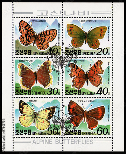 stamp set sheet printed by DPR Korea, shows Alpine Butterfles collection set, fauna, circa 1991