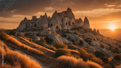 Ancient town of Uchisar castle at sunset Landscape Goreme National Park, Cappadocia (Turkiye) Turkey photo