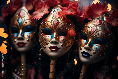 Elegant Mask in the Italian streets for Carnival Costumes, Street Masks Create a Kaleidoscope of Colors, Blooms, and Plumage