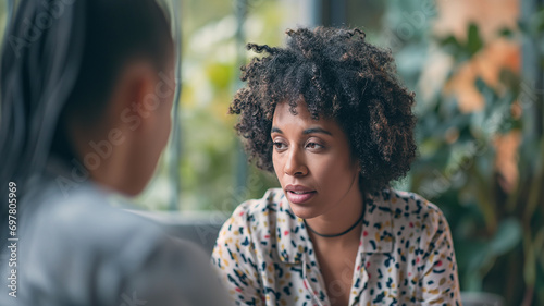 Young woman in an interview. Young woman answers questions or engages in dialogue.