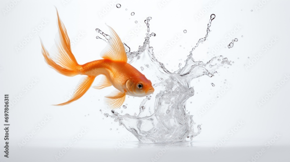  a goldfish jumping out of the water to get to the other side of the fish's head, with a splash of water coming out of its mouth.