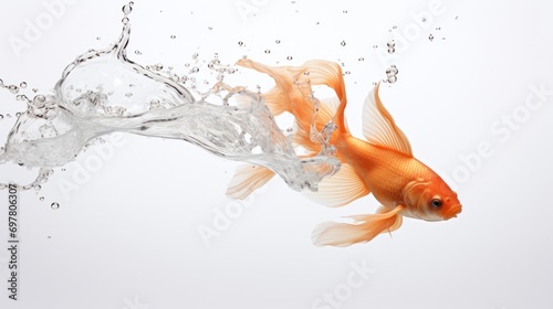  a goldfish jumping out of the water to get to the bottom of a wave of water with bubbles coming out of it.