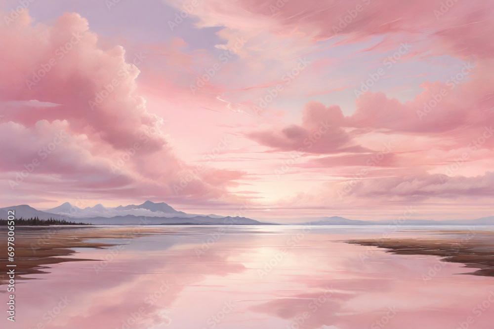Obraz premium Highlight the serene and calming view of a pink sky painted with wisps of clouds, evoking a sense of tranquility.