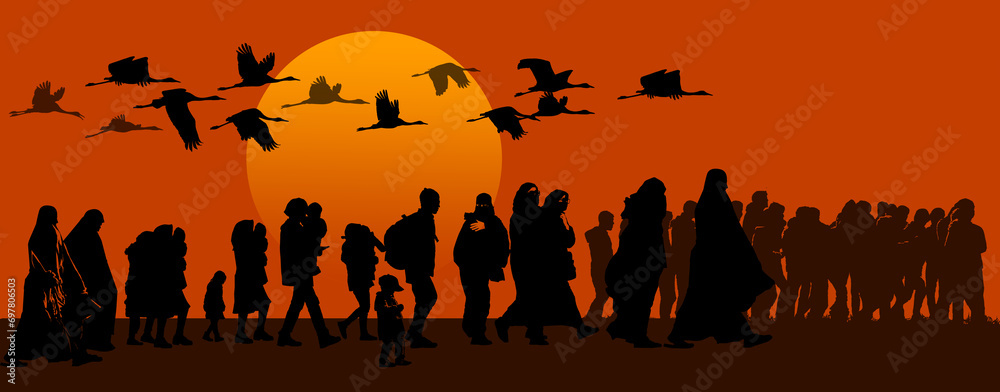Silhouettes of refugees at sunset under the sun. Cranes immigrate to warmer countries. A symbol of the lifestyle of birds and people. - obrazy, fototapety, plakaty 