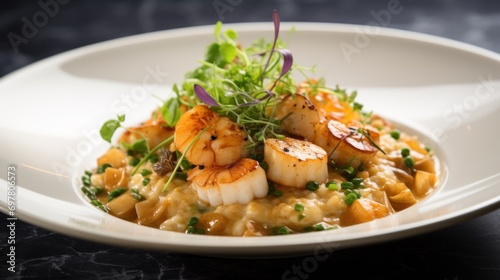  a close up of a plate of food with scallops and garnishes on a black table.