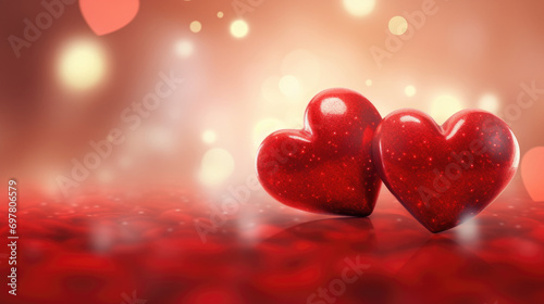 Valentine's day card with hearts on red background with bokeh lights