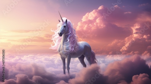  a unicorn standing in the middle of a cloud filled sky with a pink and purple hued sky in the background. © Anna