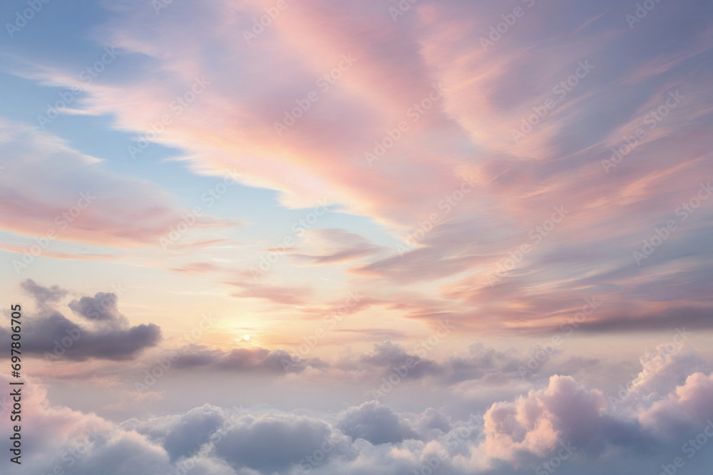 Showcase the tranquil and serene atmosphere of a sunrise, with wispy cirrus clouds adorned in pastel shades against a waking sky.