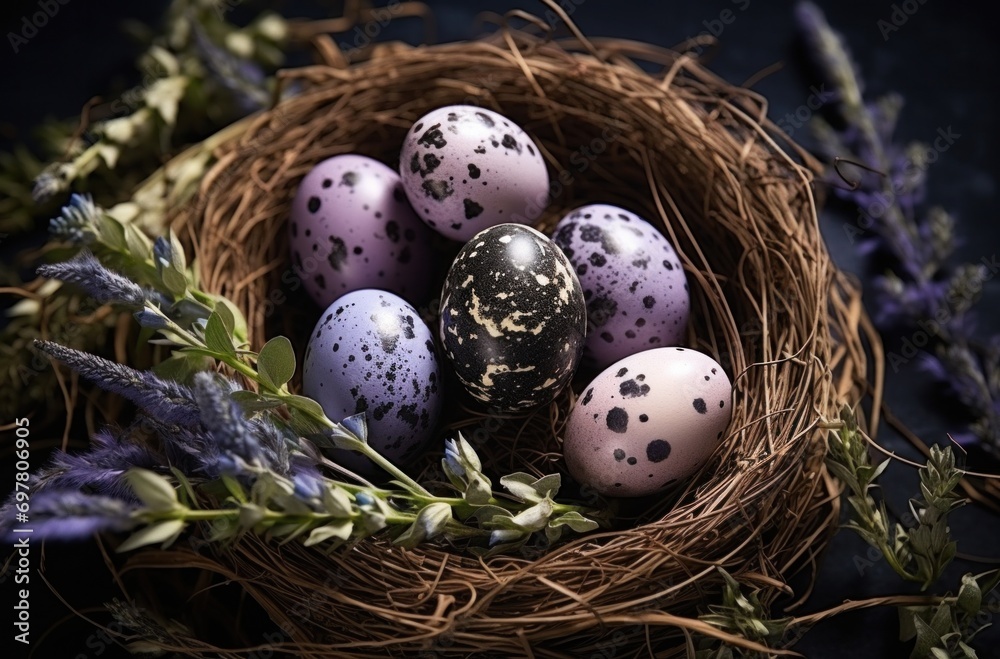 Obraz premium easter eggs in a nest with lavender