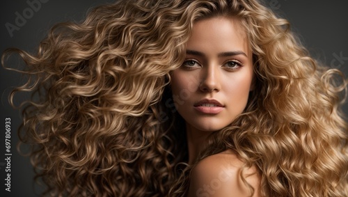golden curly hair flowing in Silky Textured Waves, blond model, fashion, 