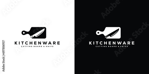 Simple Kitchenware Logo. Cutting Board with Knife Logo Design Template.