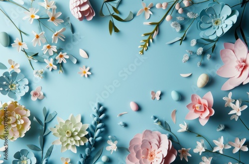 colorful paper frame with flowers and eggs on a blue background