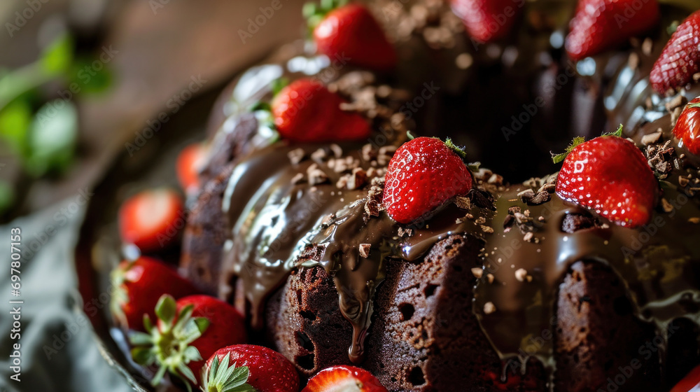 Dark Chocolate Bundt Cake with Ganache Icing and Strawberry