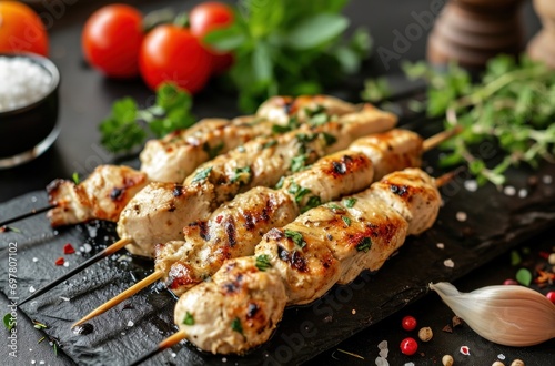 chicken kebabs and parsley on sticks on a wooden table