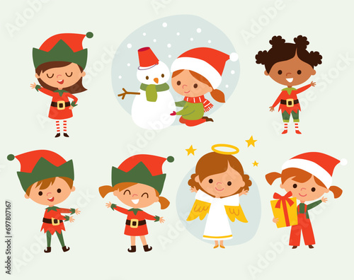 Vector set, group of xmas characters, santa's elfs, gremlins and elfins, symbols, heroes, personages, emblems.