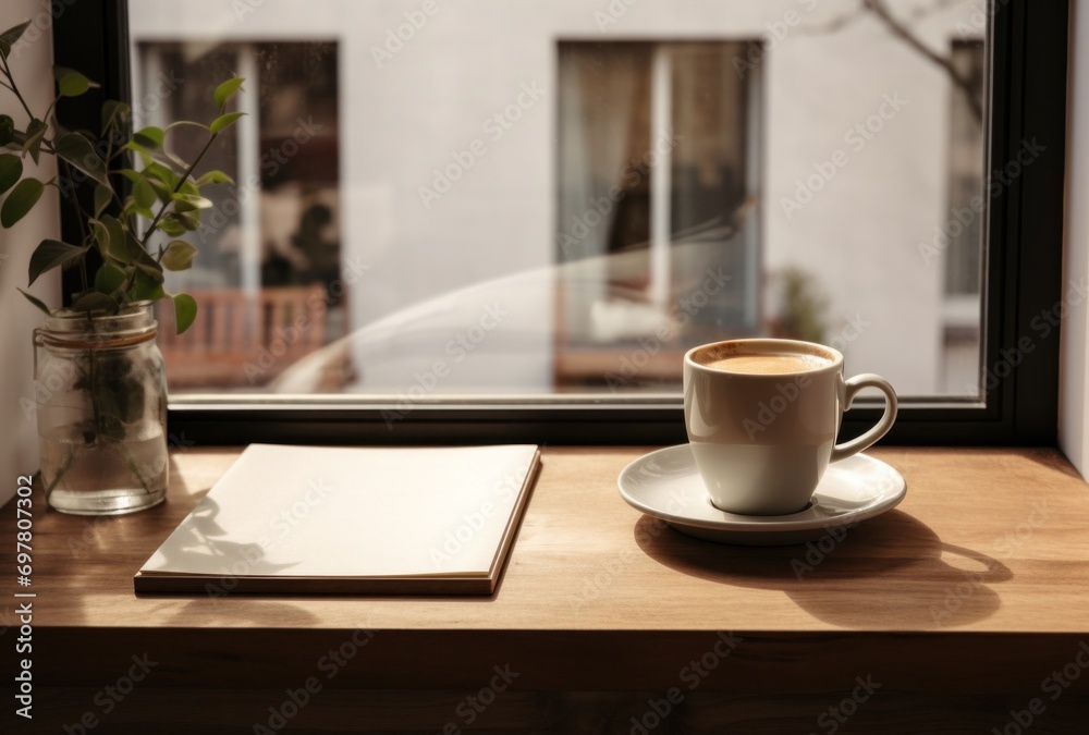 coffee in a wooden tray on the window sill with a note
