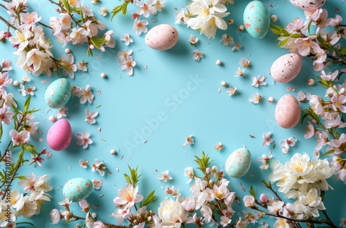 colorful paper frame with flowers and eggs on a blue background