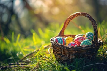 colorful easter eggs in basket in grass