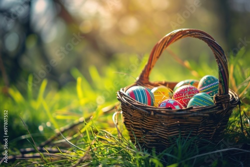 colorful easter eggs in basket in grass photo