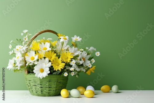 easter basket with many colorful easter eggs with decorations photo