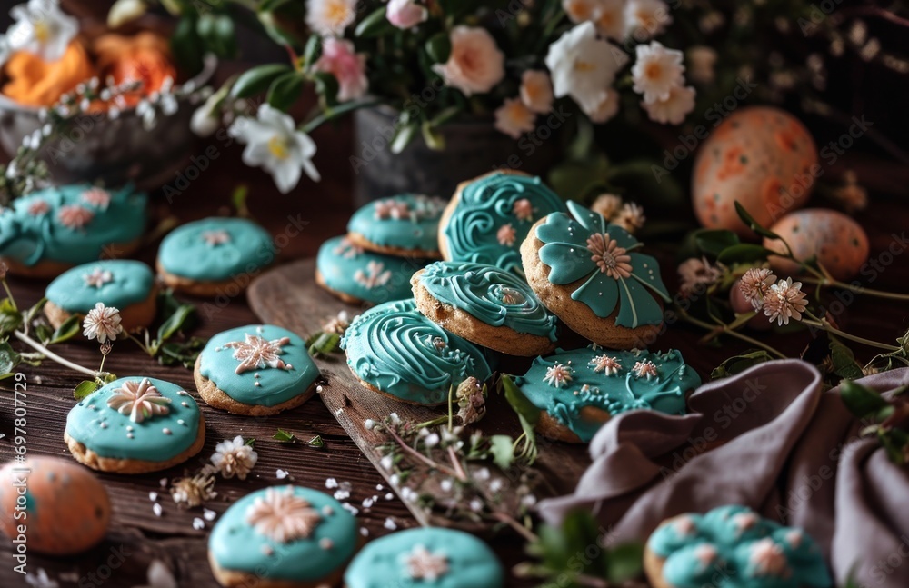 easter cookies are on a table with flowers and some