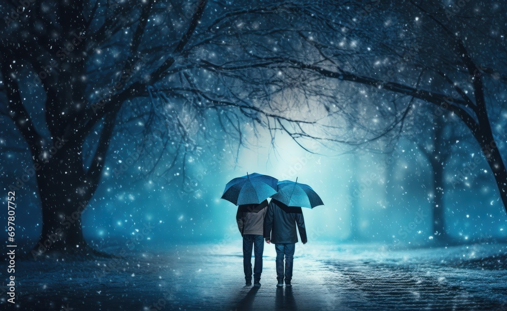 couple walking hand in hand in rainy day with umbrella in rain