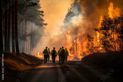 four firefighters walk through a forest with flames