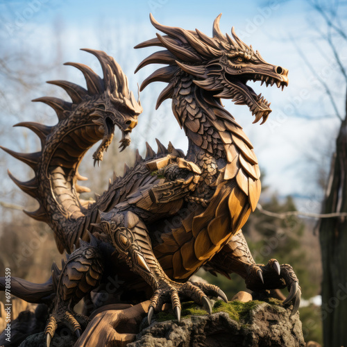 A wooden statue of a dragon, the year 2024, the year of the green wooden dragon, generative AI © Olha
