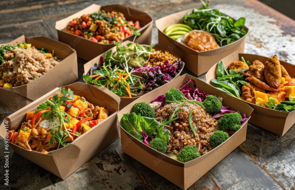 seven boxes with different types of meals